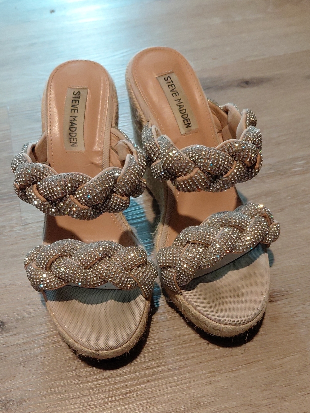 Steve Madden Beaded Braided Espadrille Wedge Sandals in Champagne